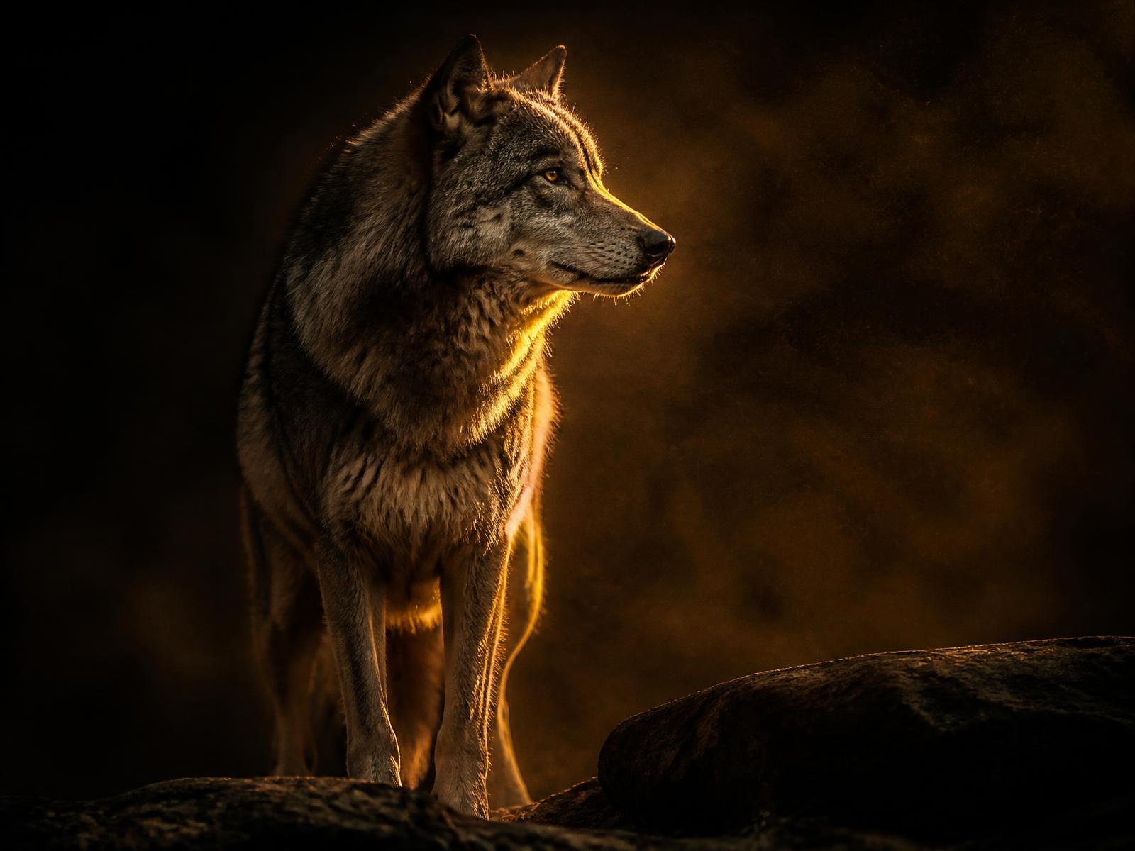 Gray wolf standing alert in darkness, rimmed in gold and auburn light